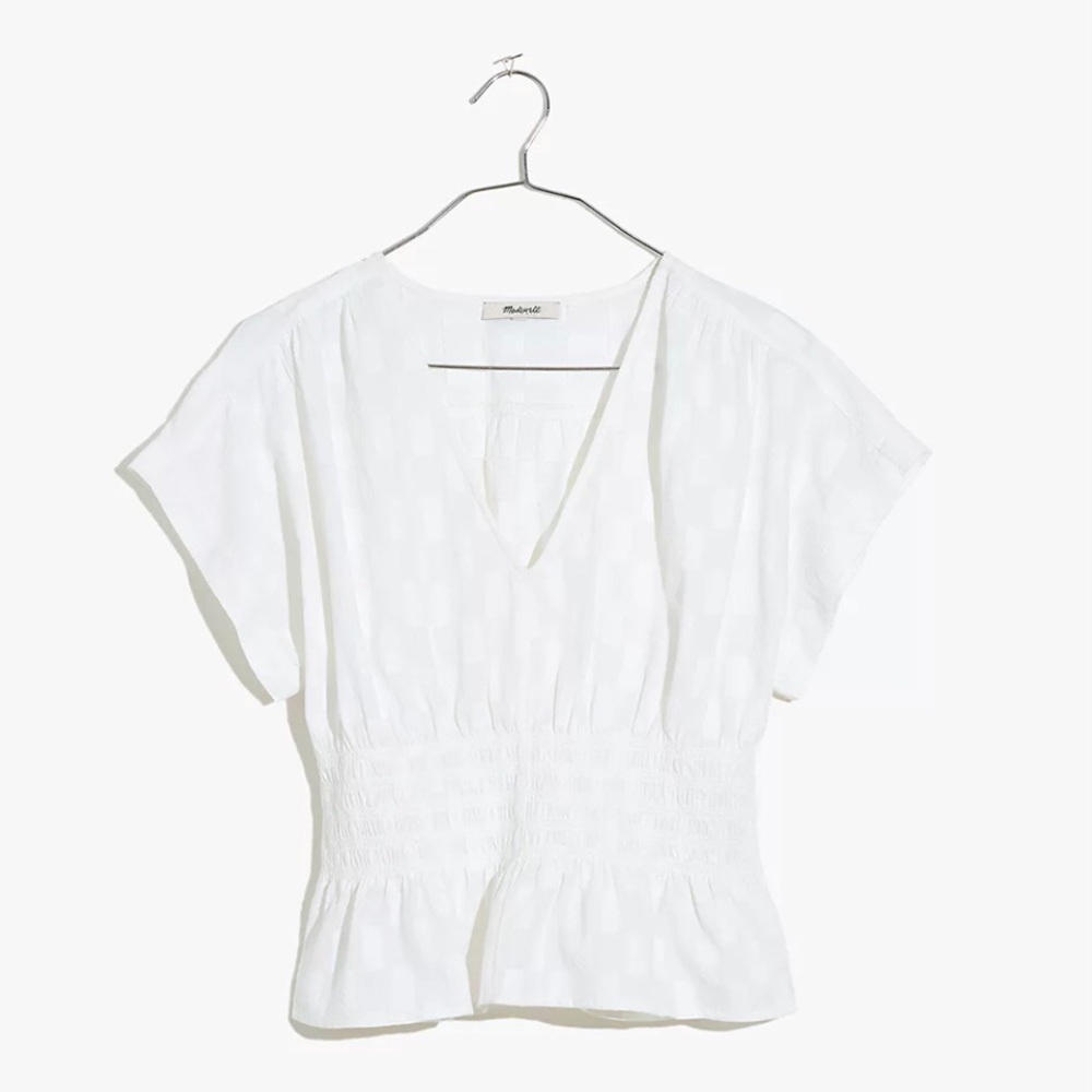 Madewell V-Neck Smocked Waist Top in Square Jacquard